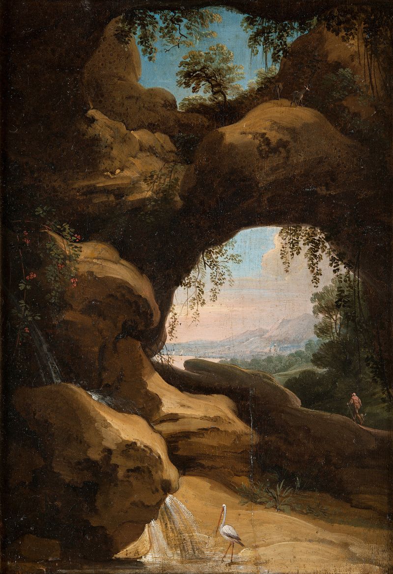 Paisagem com vistas através da caverna, óleo sobre tela de Jan Asselijn, apresentando uma caverna e uma paisagem etérea.