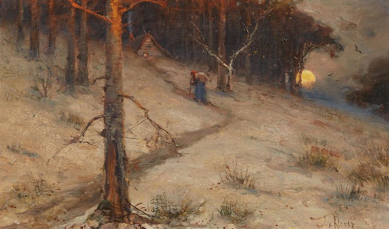 Pintura al óleo de Julius Von Klever con una herbolaria en un paisaje al atardecer