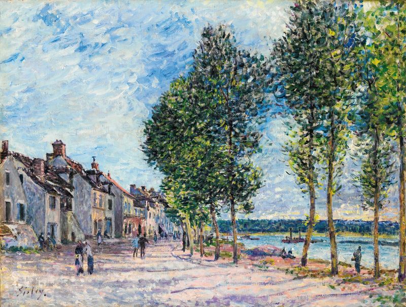 La Seine À Bougival de Alfred Sisley, pintura al óleo que muestra un paisaje de río con reflejos de luz solar.