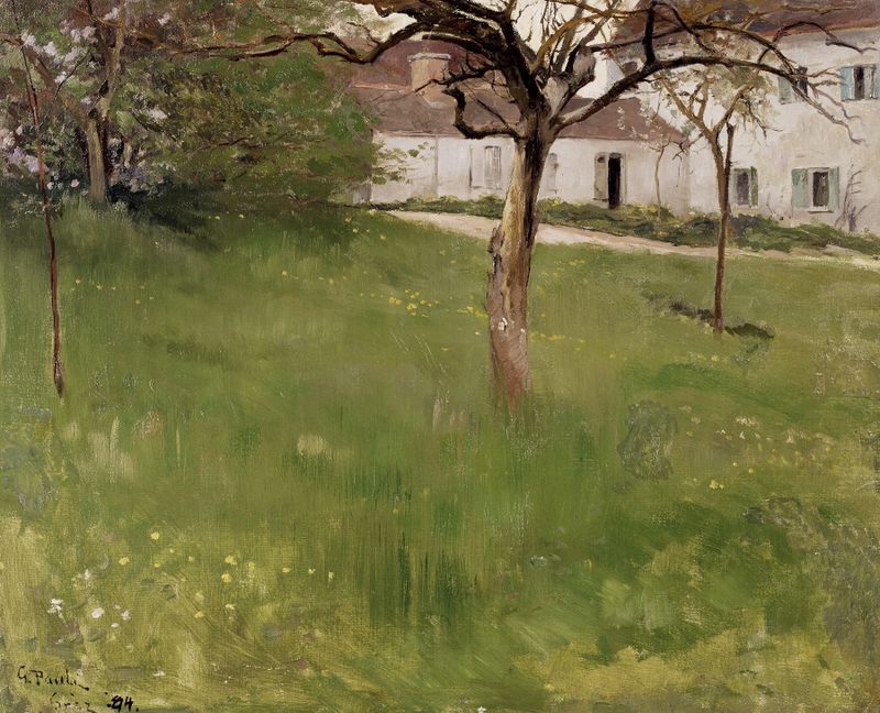 A Garden in Grez by Georg Pauli, oil on canvas depicting a woman and child in a garden