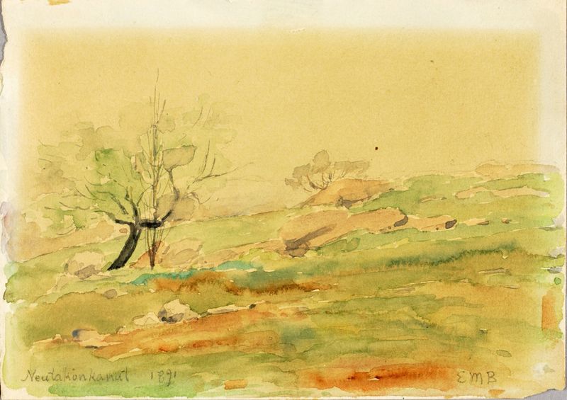 Neutakonkanut de Edward Mitchell Bannister, óleo sobre tela que retrata um pôr do sol sobre uma paisagem