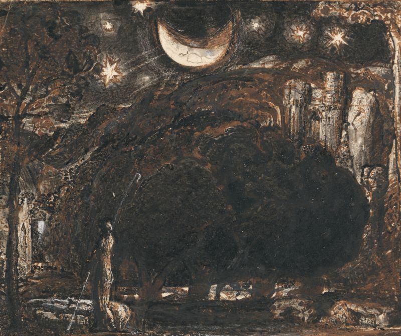 A Shepherd and his Flock under the Moon and Stars, oil painting by Samuel Palmer