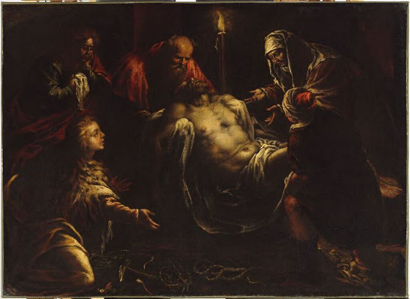 Religious oil painting by Jacopo Bassano the Elder depicting the entombment of Christ