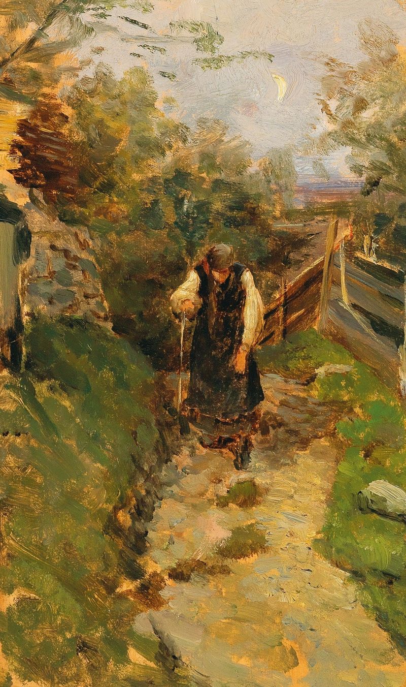 Estudo de uma mulher camponesa voltando para casa, pintura a óleo de Olga Wisinger-Florian