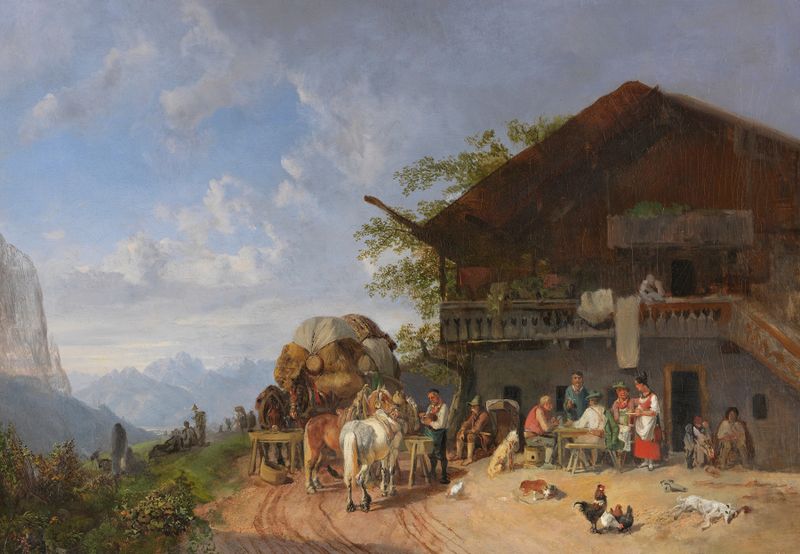 Rast vor einem Gasthof in den Bergen, oil on canvas by Heinrich Bürkel, depicting figures near an inn in a mountain landscape.