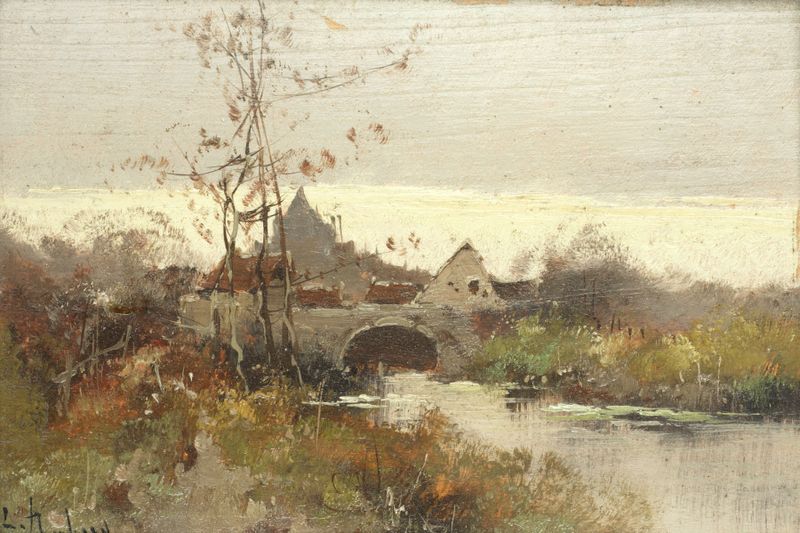 Paisaje de río de Eugène Galien-Laloue, pintura al óleo que representa una escena de río serena.