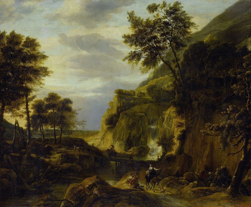 Paisaje montañoso con cascada, pintura al óleo de Roelant Roghman