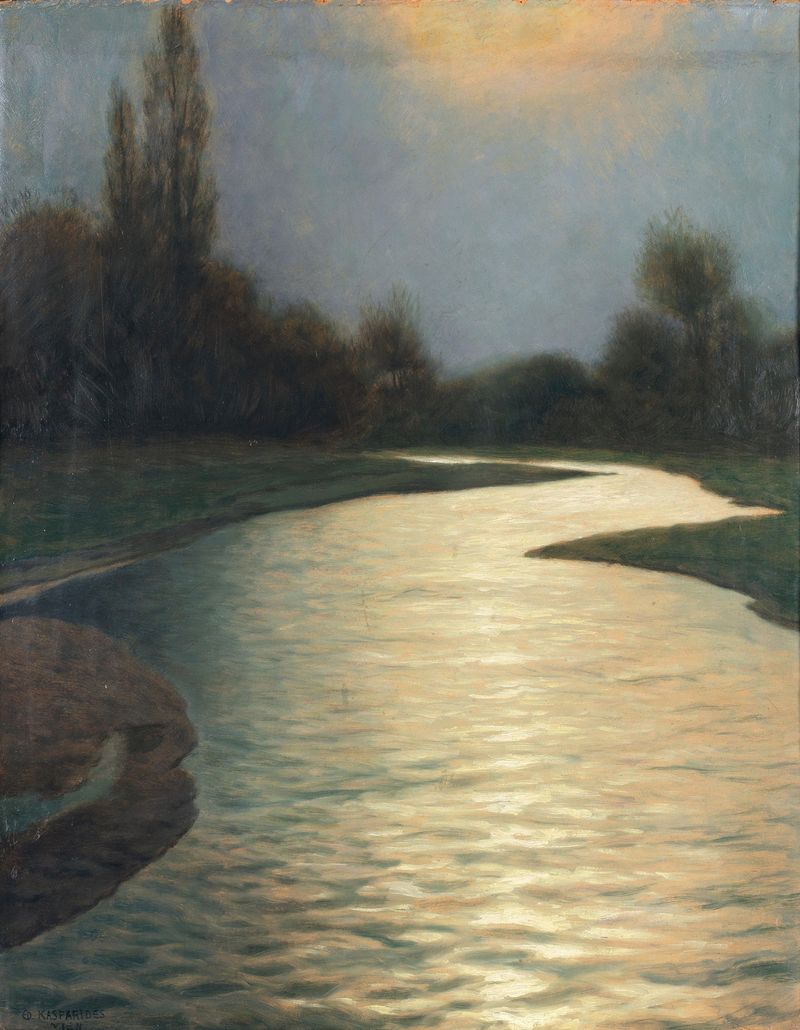 Romanticism landscape by Eduard Kasparides, depicting a river illuminated by moonlight.