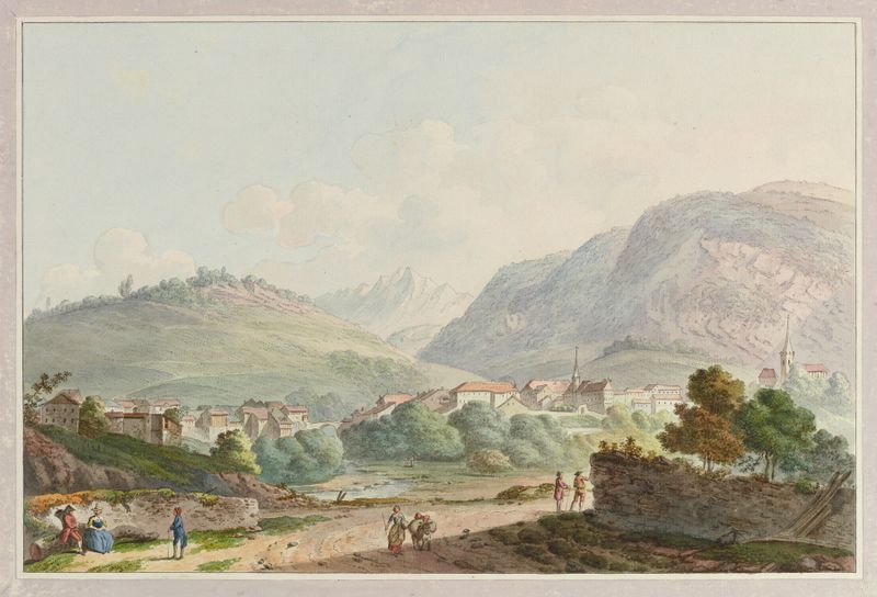 Landscape oil painting by Joseph Emmanuel Curty featuring mountains and a serene lake.