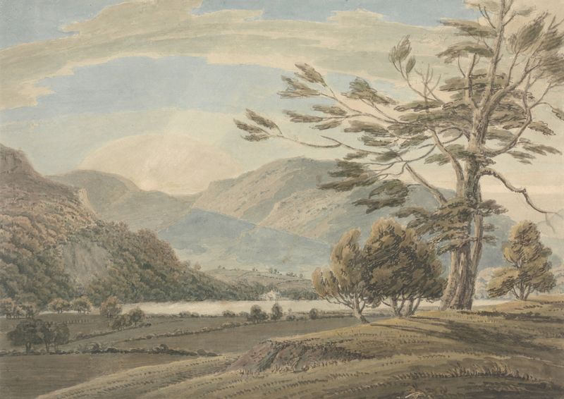 Landscape oil painting by Thomas Sunderland featuring trees, lakes, and mountains