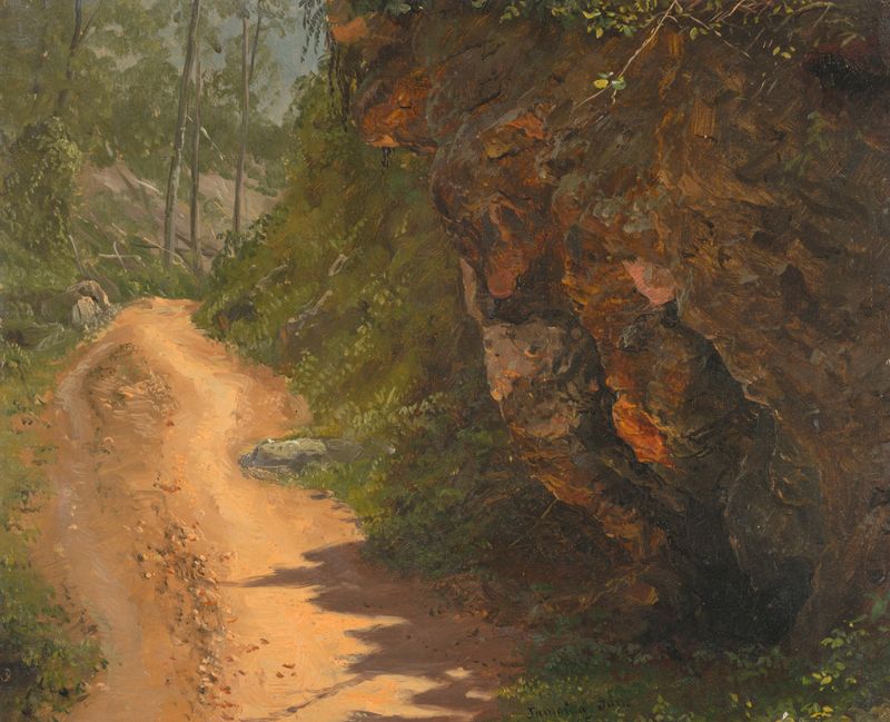 Woodland Path, Jamaica de Frederic Edwin Church, óleo sobre lienzo que representa un sereno sendero forestal.