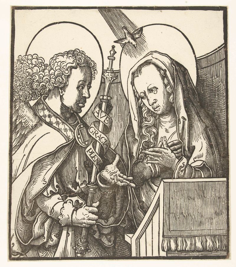 Grabado de Lucas van Leyden que representa al ángel y la Virgen María en un encuentro divino.