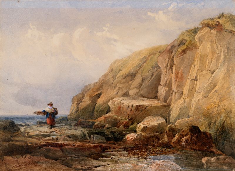 Uma menina coletando mariscos à beira da água em uma pintura a óleo de John Henry Mole
