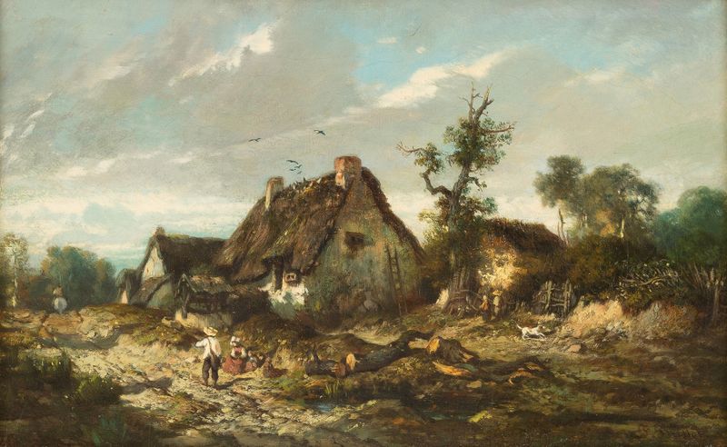 Paisaje de otoño con una cabaña pintoresca, óleo de Franck Brissot