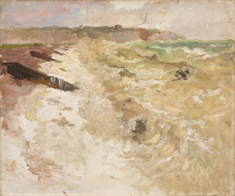 Óleo sobre tela de Frits Thaulow representando figuras em uma praia ao pôr do sol.