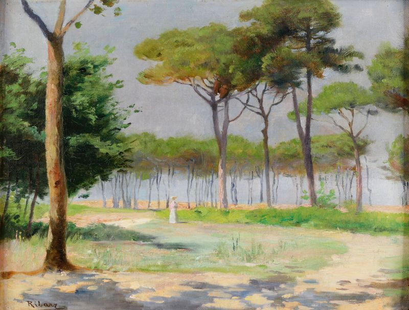 Landscape with dappled light in a pine grove by Rudolf Ribarz, impressionism
