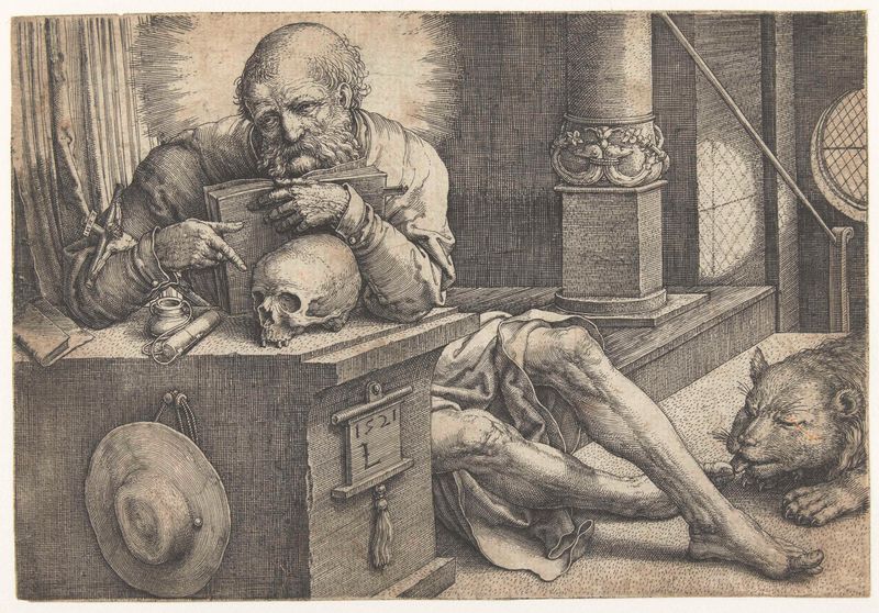 Grabado de Lucas van Leyden que representa a San Jerónimo en su estudio rodeado de libros.