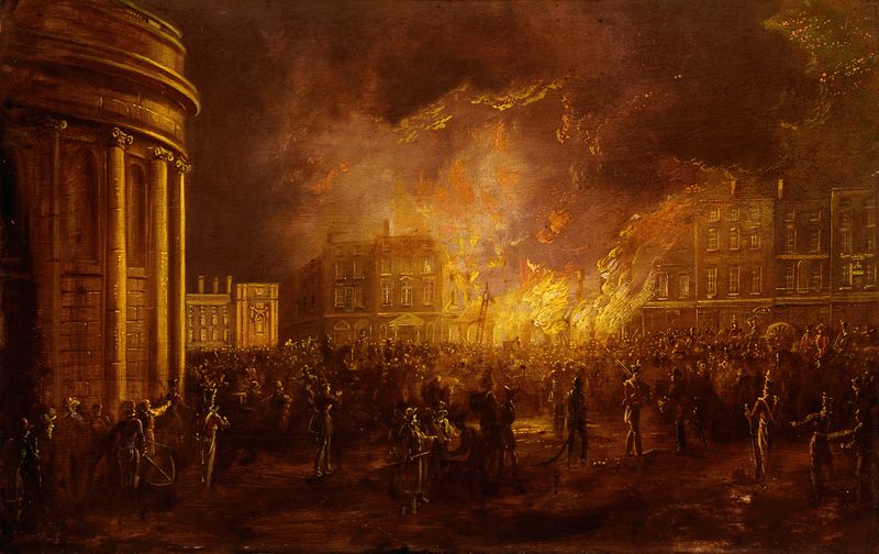 The Burning of the Arcade in College Green, Dublin, oil painting by William Sadler the Younger