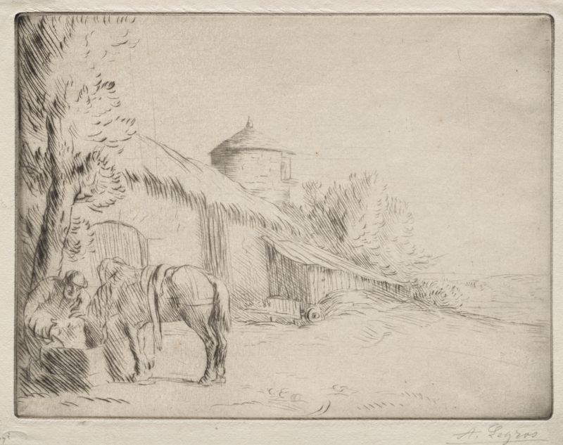 Óleo sobre lienzo de Alphonse Legros que muestra una figura arrodillada junto al agua.