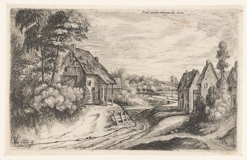 Landschap met twee boerderijen langs een weg, etching by Lodewijk de Vadder