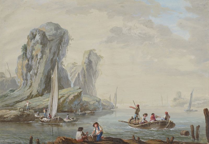 Marine scene with fishermen and large rocks, oil painting by Jean-Baptiste Pillement