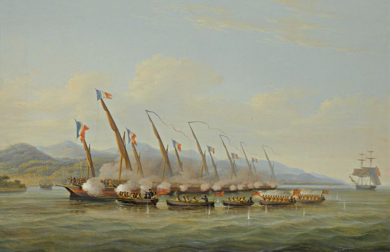 Naval battle scene with ships in tumultuous waters, oil painting by William John Huggins