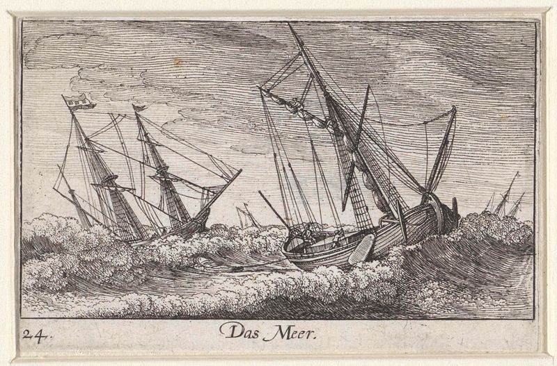 Gravura Boten in de storm op zee de Wenceslaus Hollar mostrando barcos em ondas turbulentas.