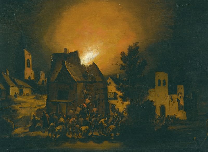 Campesinos apagando un fuego en la aldea por Adriaen Lievensz. van der Poel, óleo sobre lienzo