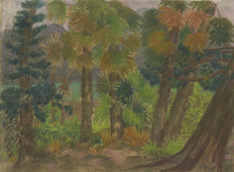 Palm forest by Pauline Kowarzik, modernism, depicting lush palm fronds and light.