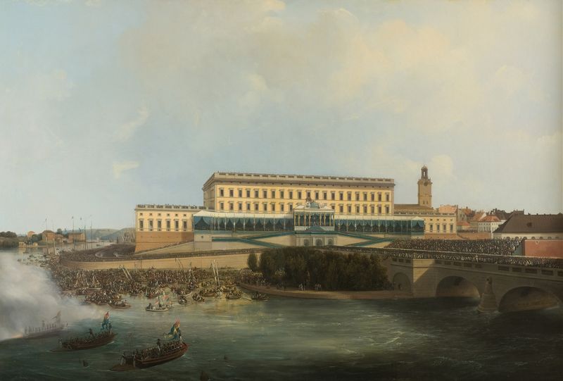 A Aclamação do Rei Carl XIV Johan da Suécia, óleo sobre tela de Carl Stefan Bennet