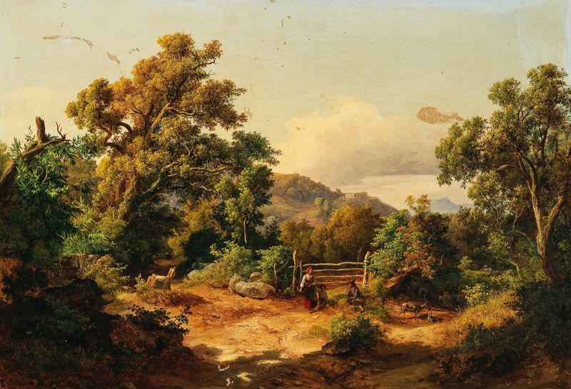 A Landscape with Goatherders, oil painting by Karoly Marko the Younger, depicting hills and goatherders.