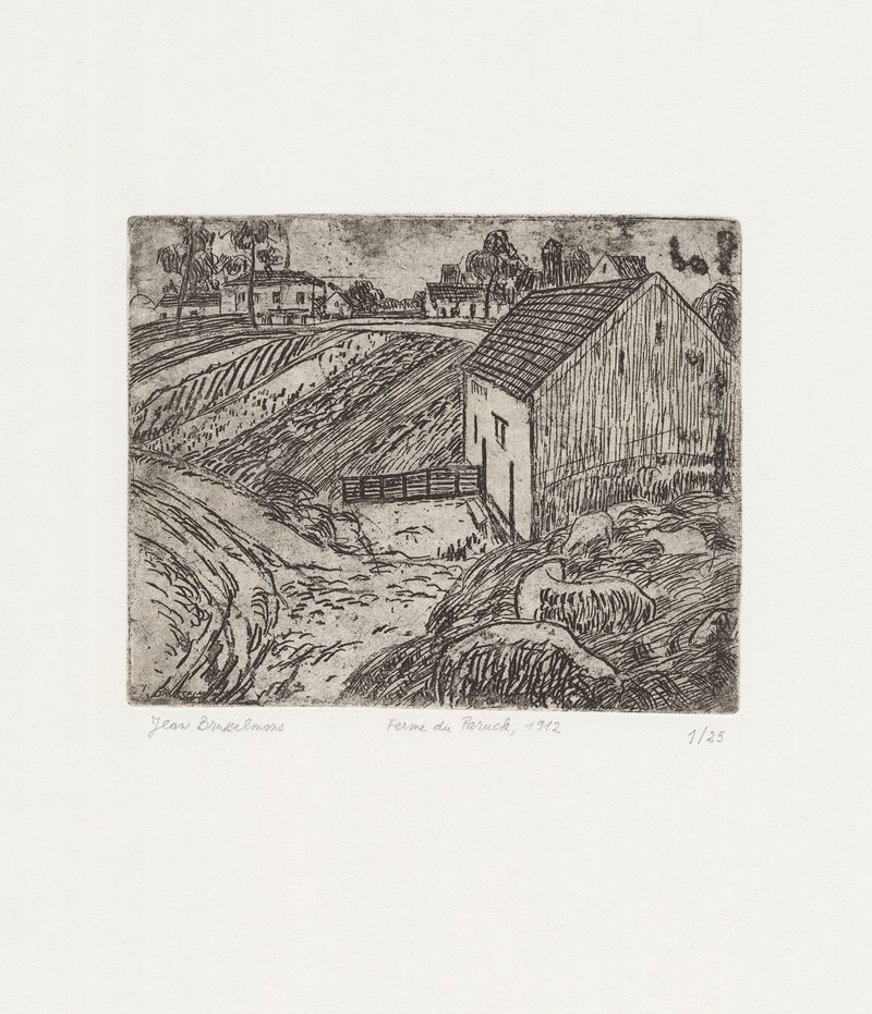 Landscape by Jean Brusselmans, depicting a stream flowing through a vibrant field, oil painting.