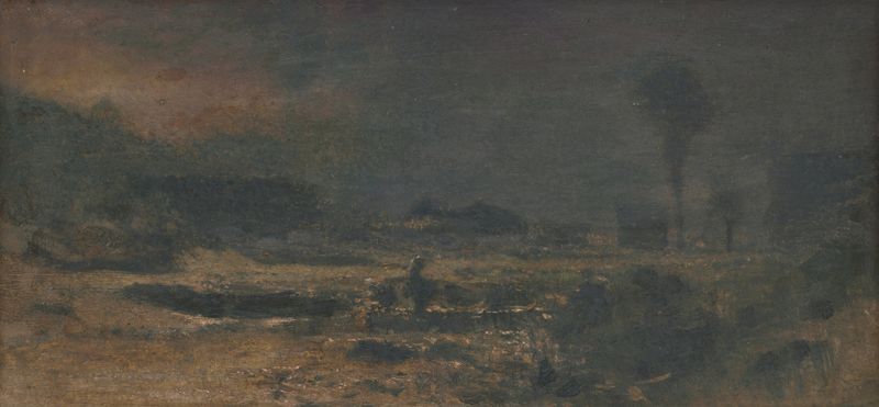 Paisaje de Ladislav Mednyánszky, óleo sobre lienzo que representa vegetación exuberante y un cielo en pasteles.