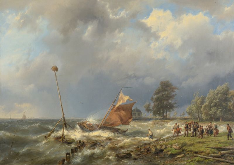 Fighting The Wind, óleo sobre tela de Hermanus Koekkoek, mostra uma figura lutando contra o vento em uma paisagem.