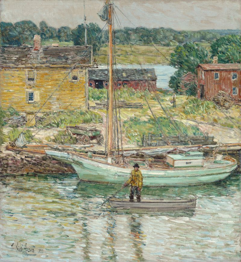 Oyster Sloop, Cos Cob de Childe Hassam, pintura a óleo que retrata um sloop em águas calmas