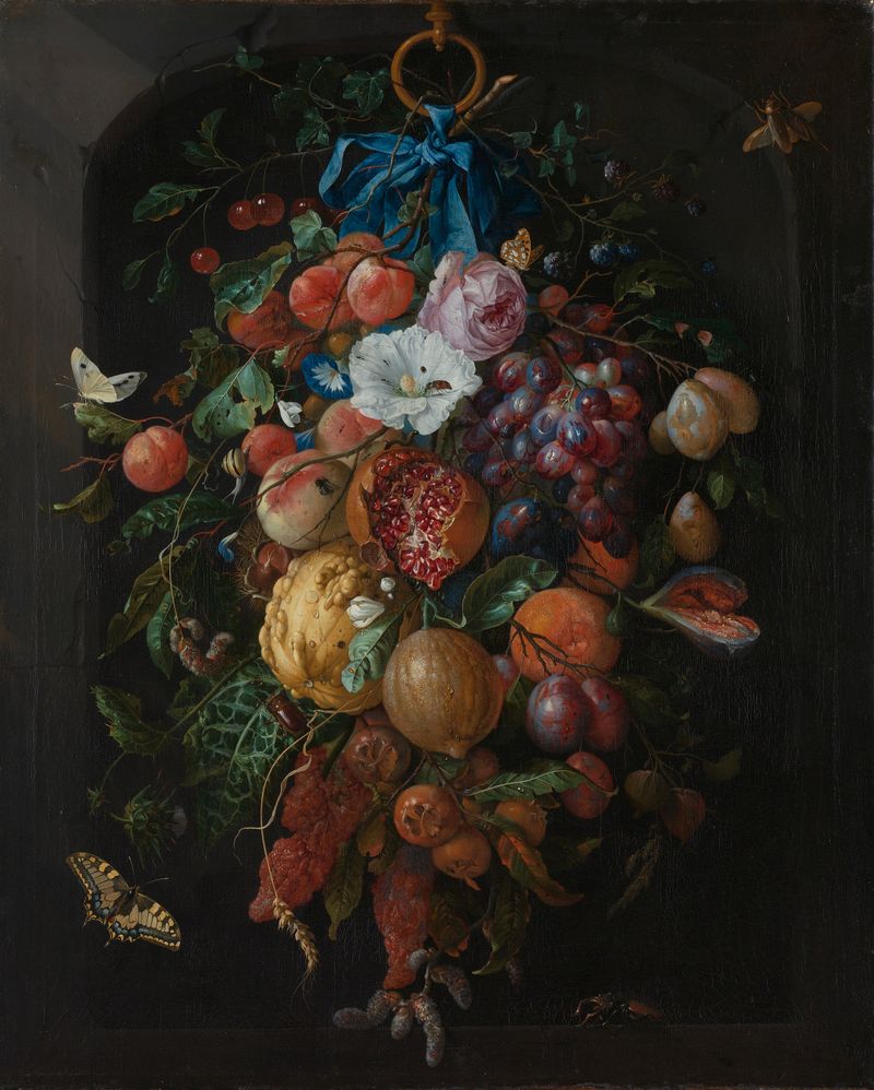Festoon of Fruit and Flowers by Jan Davidsz. de Heem, oil on canvas, featuring fruits, flowers, and insects.