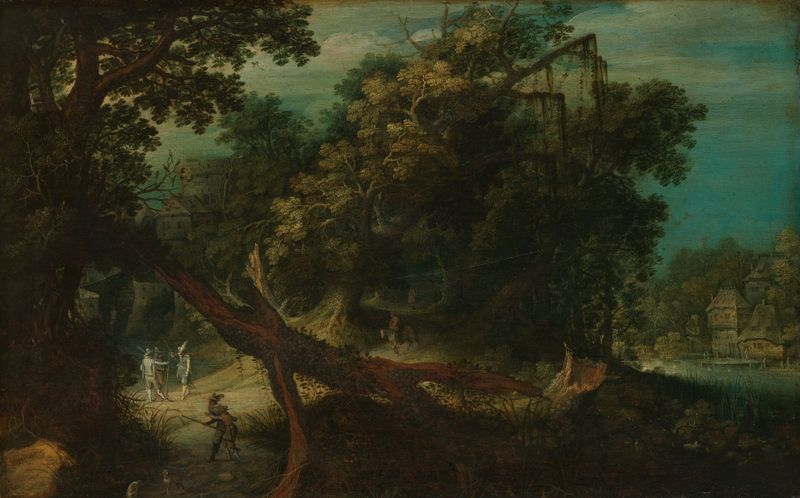 Shooters in a Forest Glade, oil on panel by Adriaen van Stalbemt, depicting hunters in a sunlit forest.