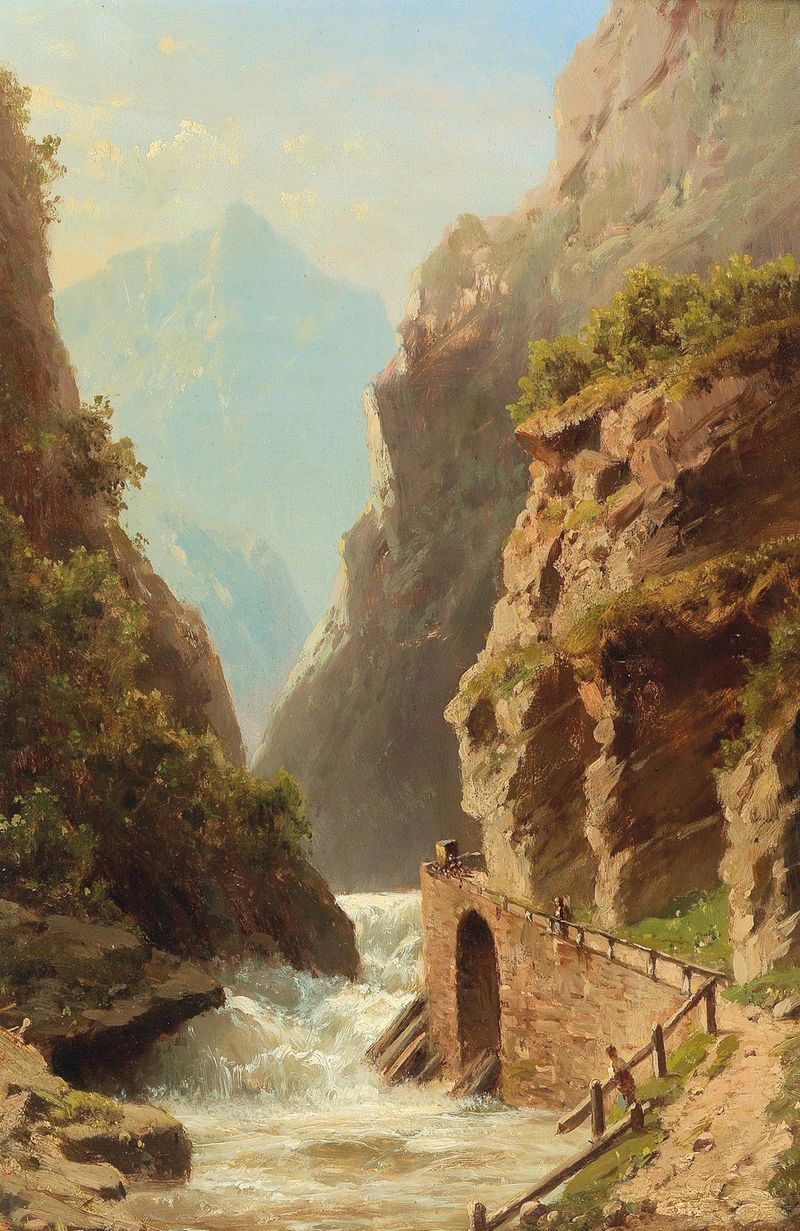 Impressionist landscape by Adolf Chwala depicting a river shore with gentle curves and soft colors