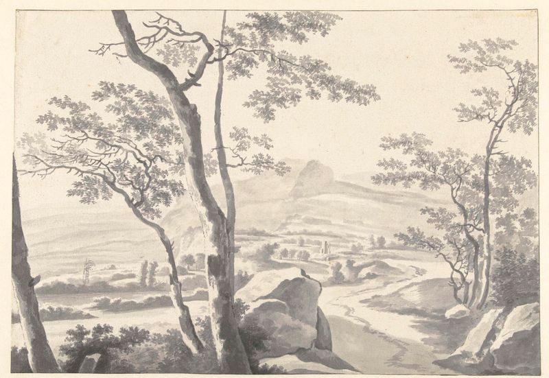 Landschap by Jan Both, oil on canvas depicting a serene landscape with a river and hills.