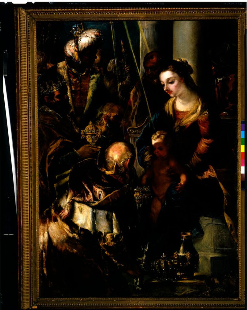 La Adoración de los Magos, óleo sobre lienzo de Giovanni Antonio Burrini, con tres figuras presentando regalos.
