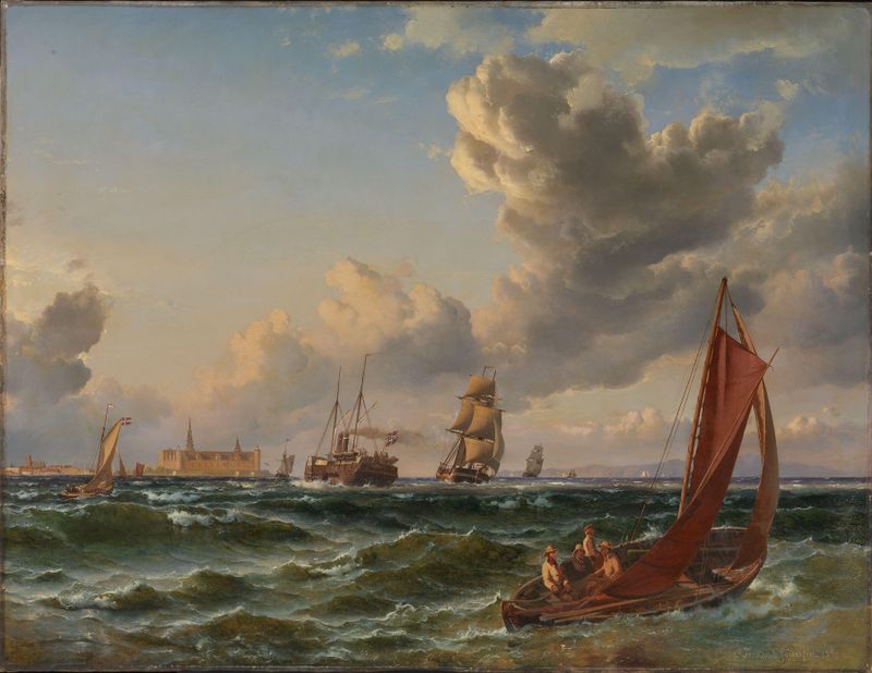 Oil painting by Carl Frederik Sørensen depicting a castle by water and a colorful sky.