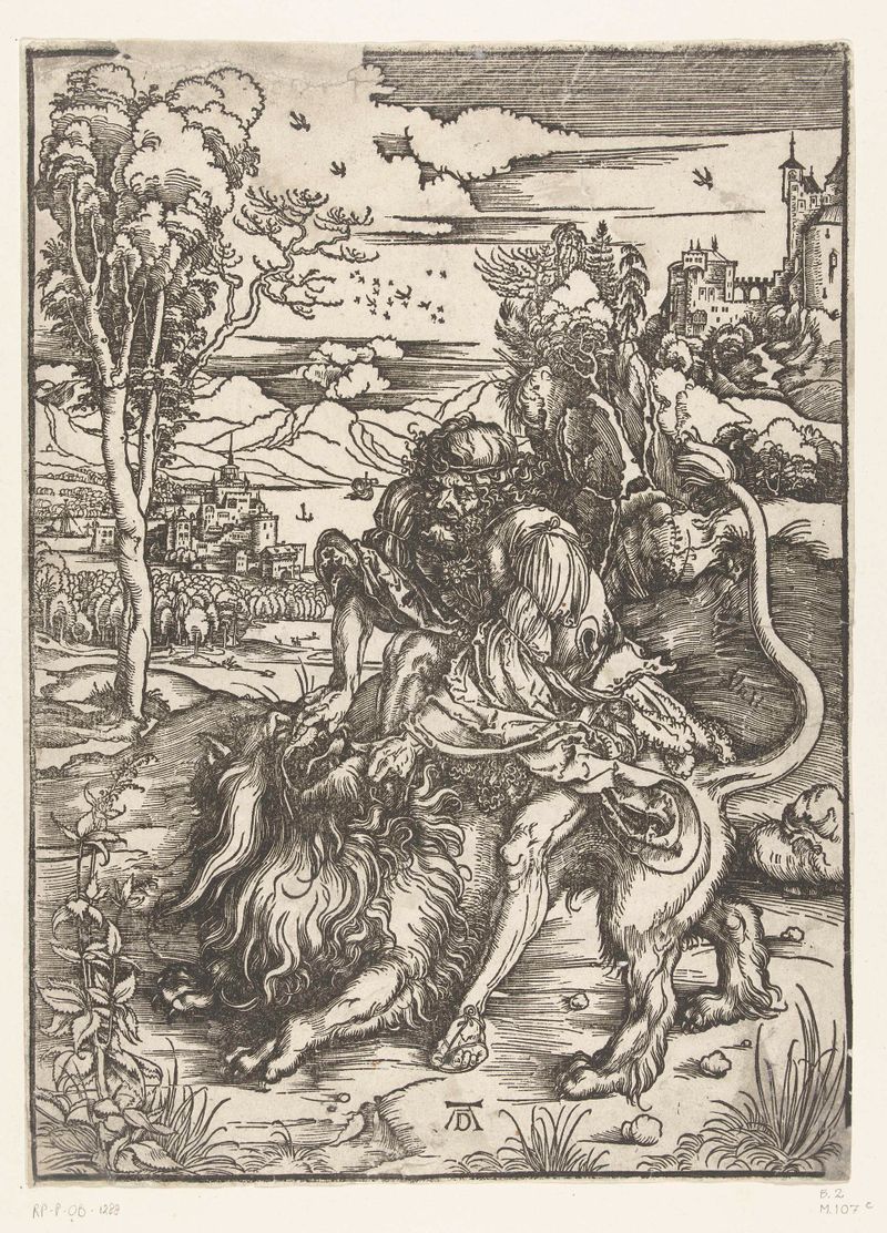 Grabado de Albrecht Dürer Simson vecht met de leeuw que muestra una figura muscular luchando contra un león