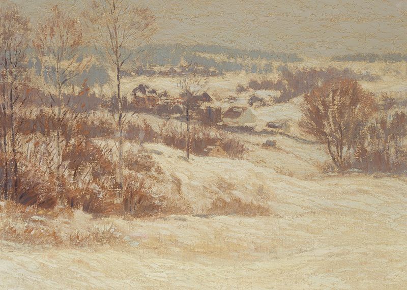 Pintura al óleo de paisaje por Leonard Ochtman con suaves matices y pinceladas delicadas
