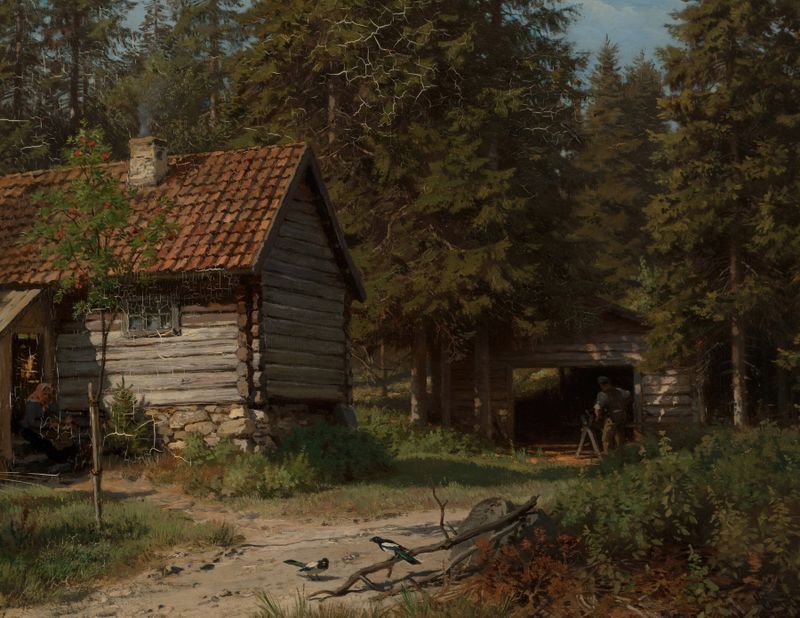 Woodland cottage de Hans Gude, óleo sobre tela, apresentando um cottage com telhado de palha em uma floresta exuberante.