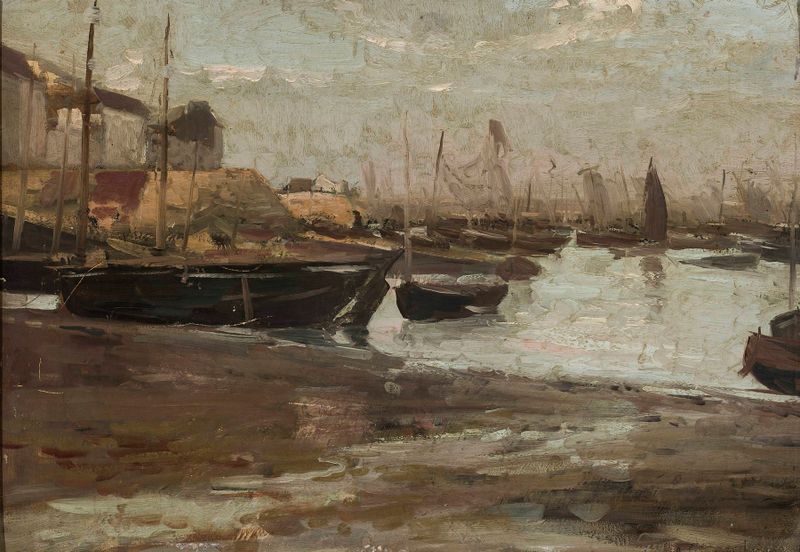 Escena de puerto pesquero con suaves olas de Aleksander Gierymski, acuarela sobre papel