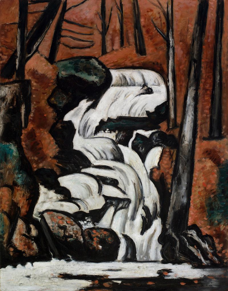 Smelt Brook Falls, óleo sobre tela de Marsden Hartley, retratando uma cachoeira e folhagem exuberante.