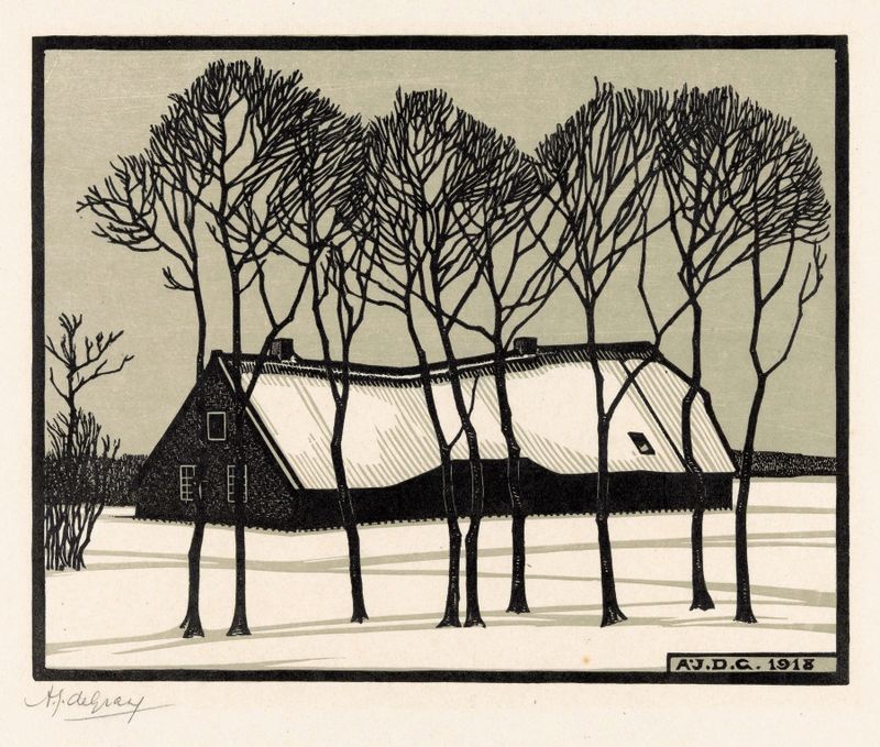 Boerderij in de sneeuw de Julie de Graag, óleo sobre tela, retrata uma fazenda em uma paisagem nevada.