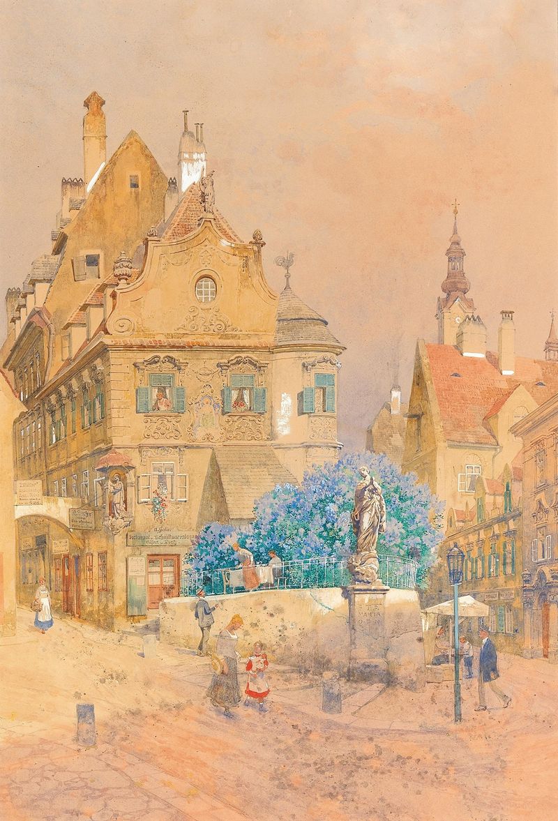 Botanical scene featuring a lilac bush and a Madonna statue by Franz Kopallik
