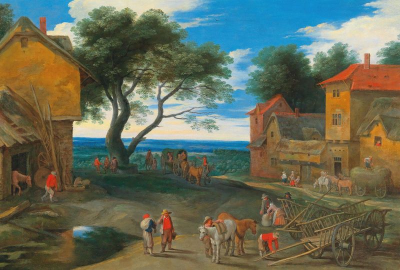 Landscape with buildings and figures, oil painting by Adriaen van Stalbemt