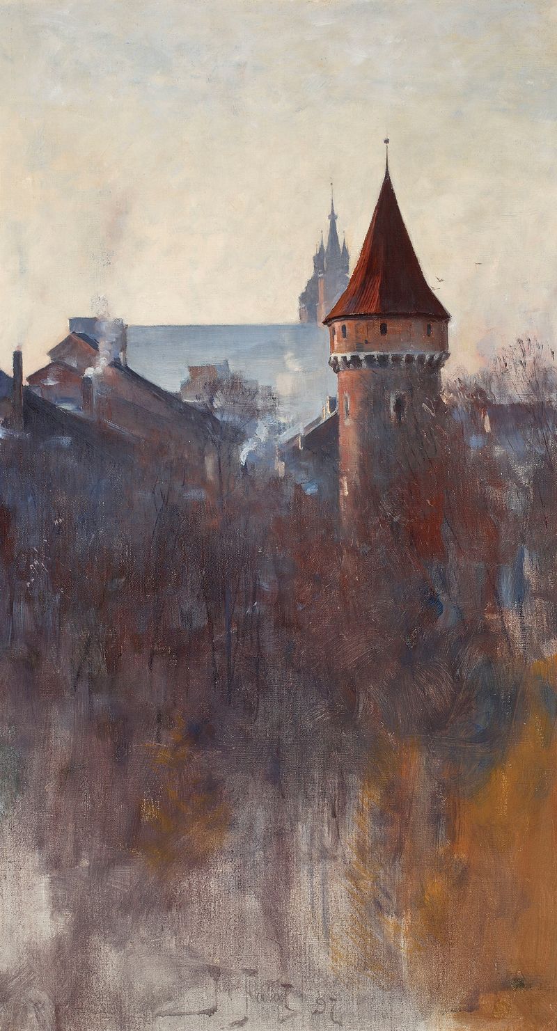 Kraków in the morning, oil on canvas by Julian Falat, depicting dawn light over the city's skyline.